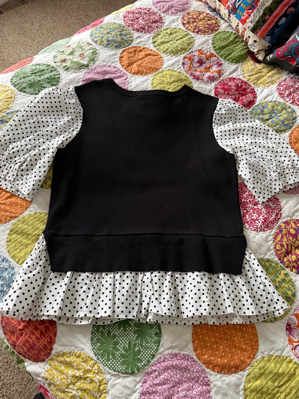 By Anthropologie Layered Poplin-Sleeve Polka Dot Mixed Media Sweater Top, M - Picture 13 of 13